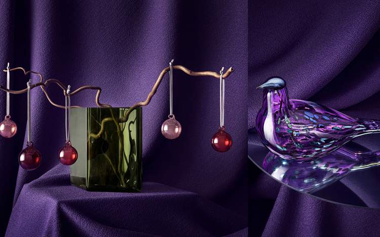 Foto: kerstballen, glazen designvaas en Birds by Toikka van iittala