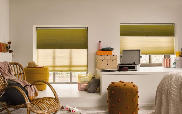 Duette® Shades dag en nacht met LiteRise® bediening